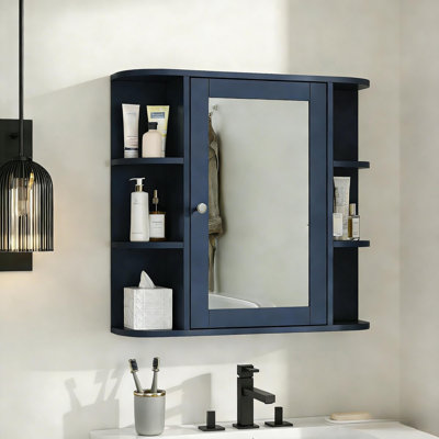 Armoire de rangement murale de salle de bain avec miroir, armoire à pharmacie avec tablette en bois réglable et portes, armoires de rangement montées avec 6 tablettes ouvertes, bleu