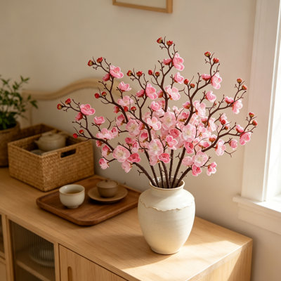 `7 PCS Artificial Plum Blossom Branches, 22 Inch Realistic Silk Faux Wintersweet Cherry Blossom Stems, Bendable Fake Flower Branches for Tall Vase, Indoor Spring Home Decor, Table Centerpiece, Wedding & Party Floral Arrangements`