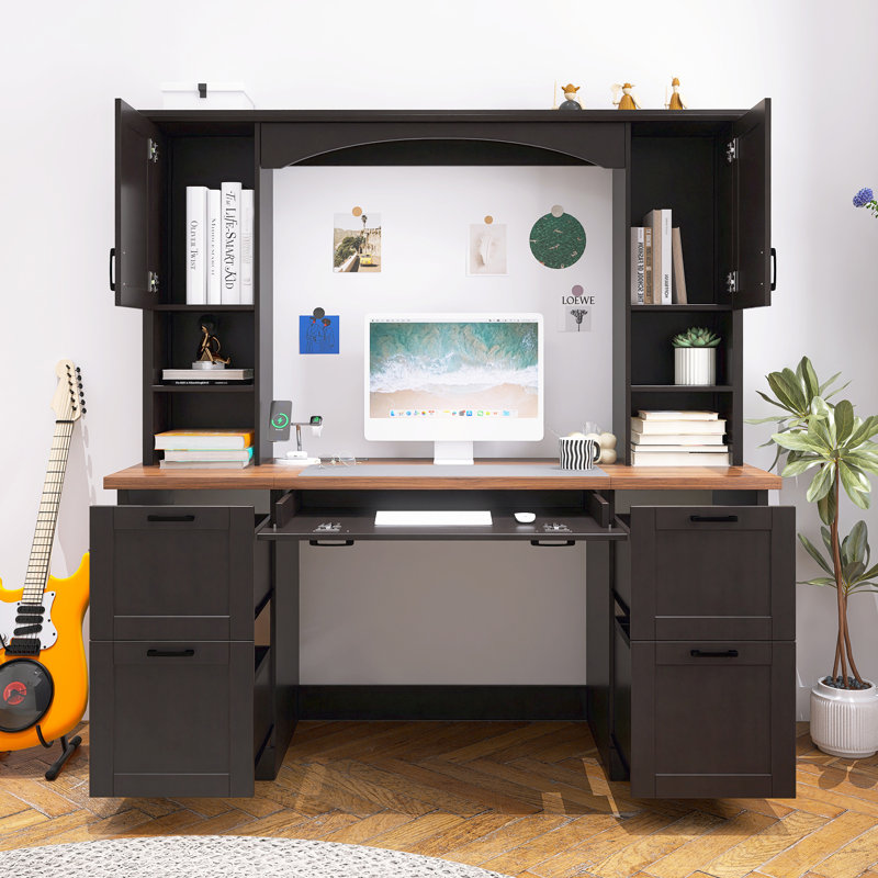 Bureau d'ordinateur de style Mid-Century Farmhouse avec huche et station de travail, Black