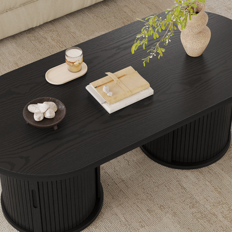 47'' W Oval Coffee Table With Storage, Mid-Century Modern Fluted Center Table With Round Base, Black