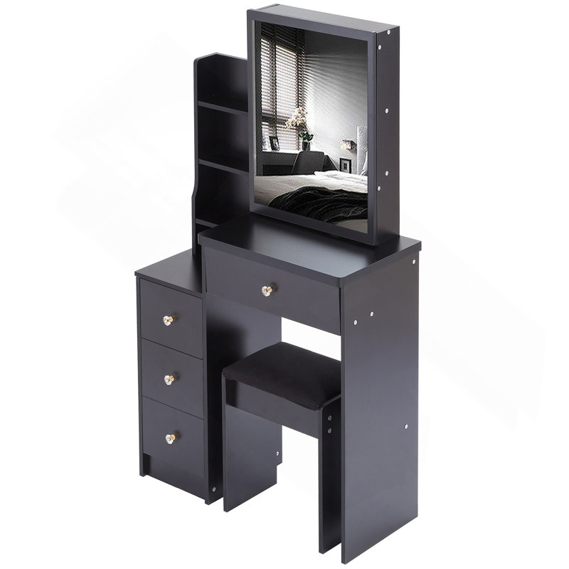Compact And Stylish Bedside Cabinet Set With Extra Large Mirror And Abundant Storage, Black