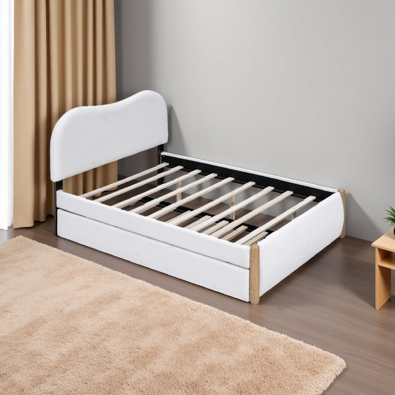 Lit plateforme tapissier avec pieds et gigogne en bois, Lit double, Blanc