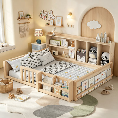 Lit sur pied Montessori avec tête de lit et garde-corps de sécurité pour garçons et filles, lit pour enfant à profil bas et lit de jour pour enfants avec compartiment de rangement de livres pour coin lecture, double, naturel