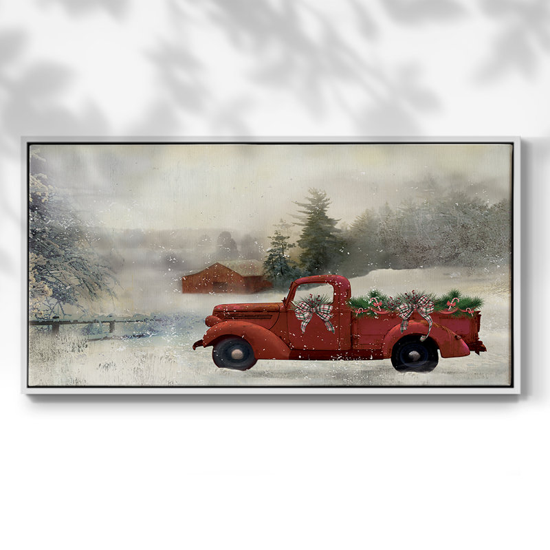 Red Barn Winter - Toile tendue avec châssis encadré - Prêt à accrocher, H 17 po x l 33 po, Blanc