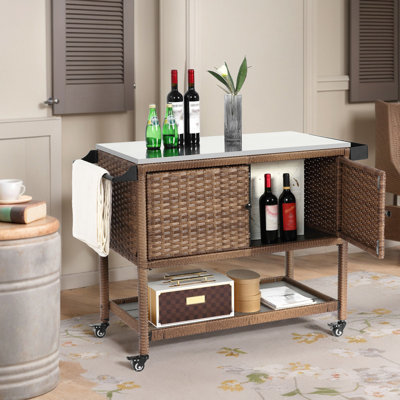 Outdoor Wicker Bar Cart, Patio Wine Serving Cart w/Wheels, Rolling Rattan Beverage Bar Counter Table with stainless steel  Top for Porch Backyard Garden Poolside Party, Brown