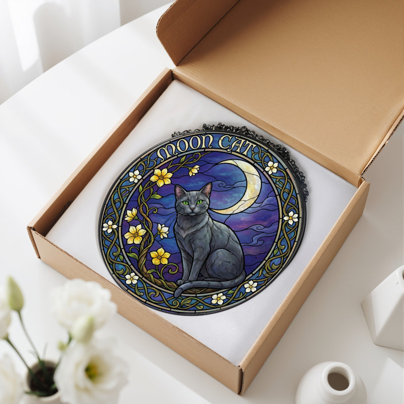 7.8"H Moon Cat Stained Glass Window Panel, 7.8" H x 7.8" W