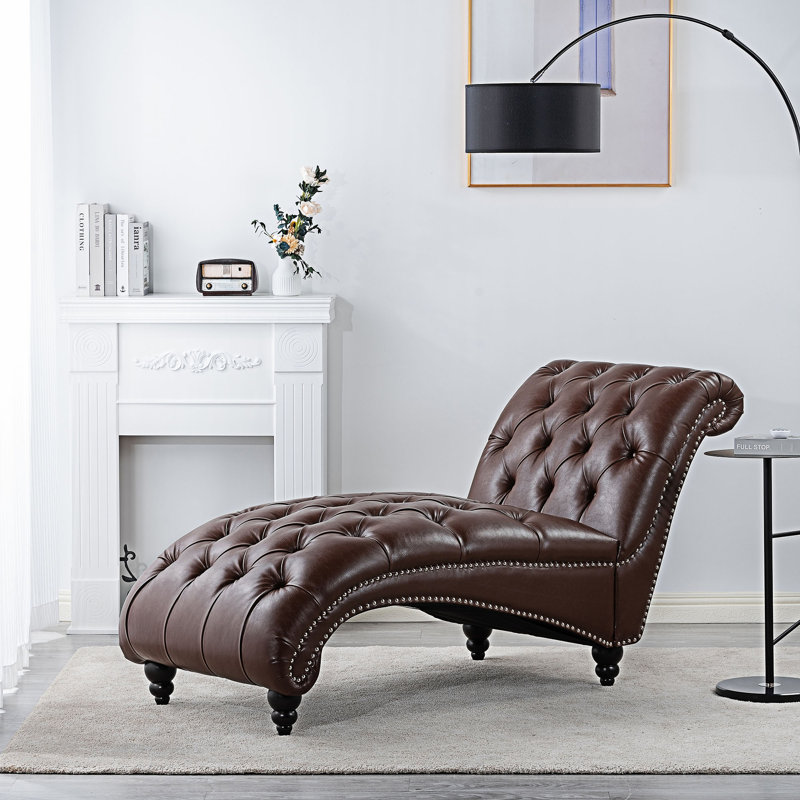 Chaise longue sans accoudoirs touffetée, Similicuir brun foncé