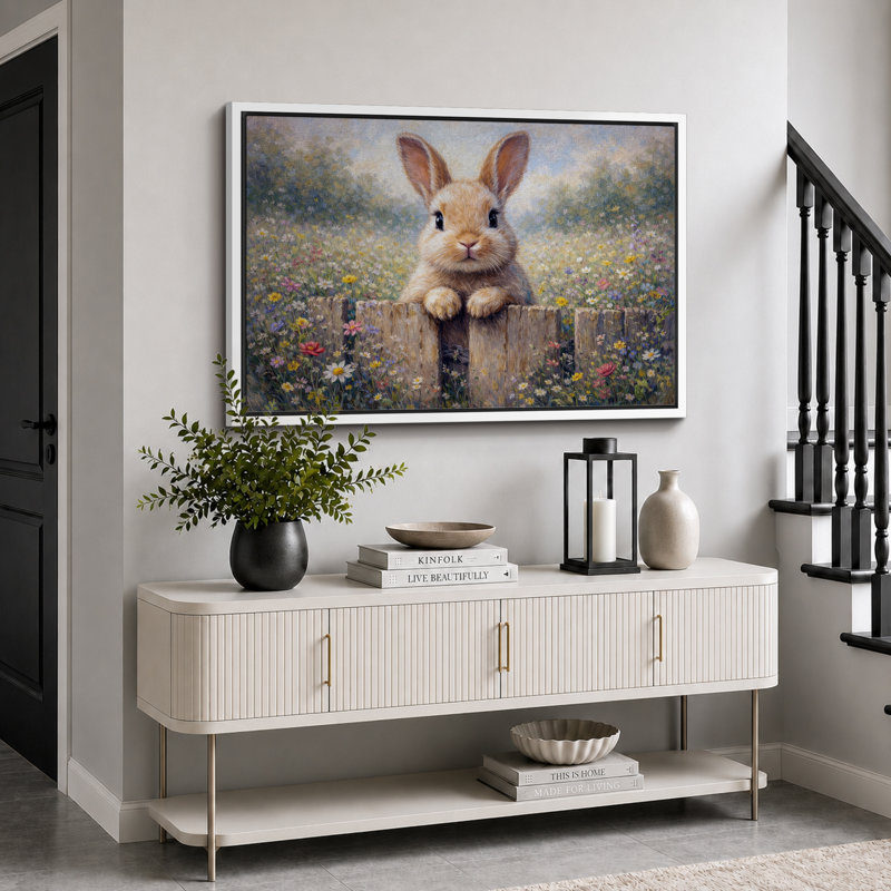 «Cute Bunny In Wildflower Garden», image de chambre de bébé, impression sur toile encadrée, H 16 po x l 24 po x P 1,5 po