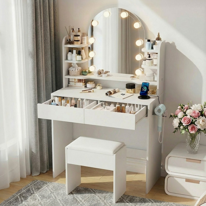 Coiffeuse de maquillage avec miroir lumineux et prise de courant, petit bureau de meuble-lavabo moderne avec tablettes de rangement latérales pour la chambre à coucher