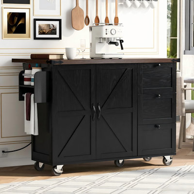  Îlot de cuisine de 54,5 po avec prise de courant, îlot de rangement avec support de rangement interne, abattant, support à épices, chariot de cuisine sur roulettes, pour la maison, la cuisine et la salle à manger, noir