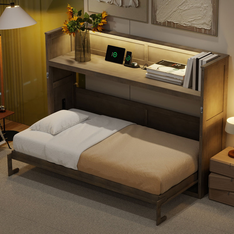 Lit escamotable simple TG avec bureau, lumière DEL et station de charge USB, gris délavé