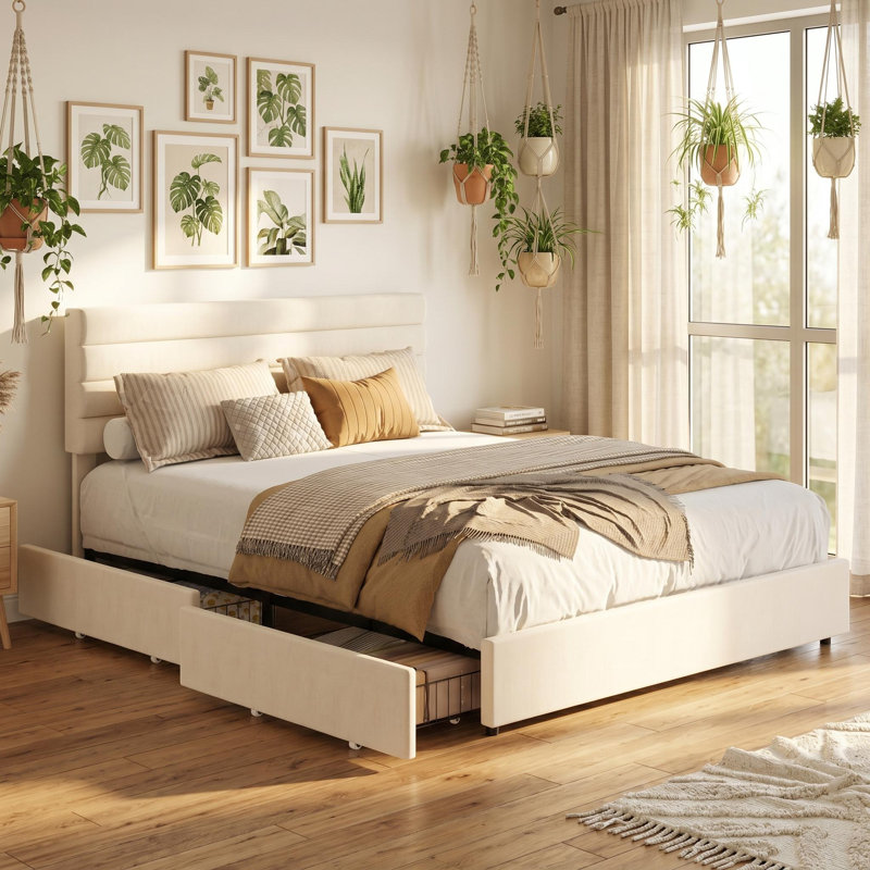 Structure de lit double, lit plateforme avec rangement en velours avec 4 tiroirs, support de lattes en bois, aucun sommier requis, assemblage facile, beige