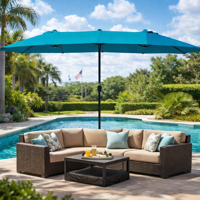 Parasol rectangulaire double face Kozyard 15 pi, base incluse, parasol d'extérieur à manivelle avec protection UV pour la cour, la piscine et le jardin - bleu