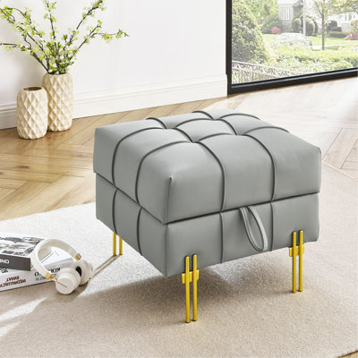 Repose-pieds de rangement en cuir anti-égratignures 22 pouces, banc d'entrée pour animaux de compagnie avec pieds en acier inoxydable doré, gris