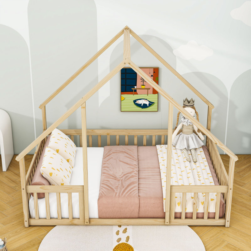Lit en bois avec clôture et garde-corps, Naturel, Double