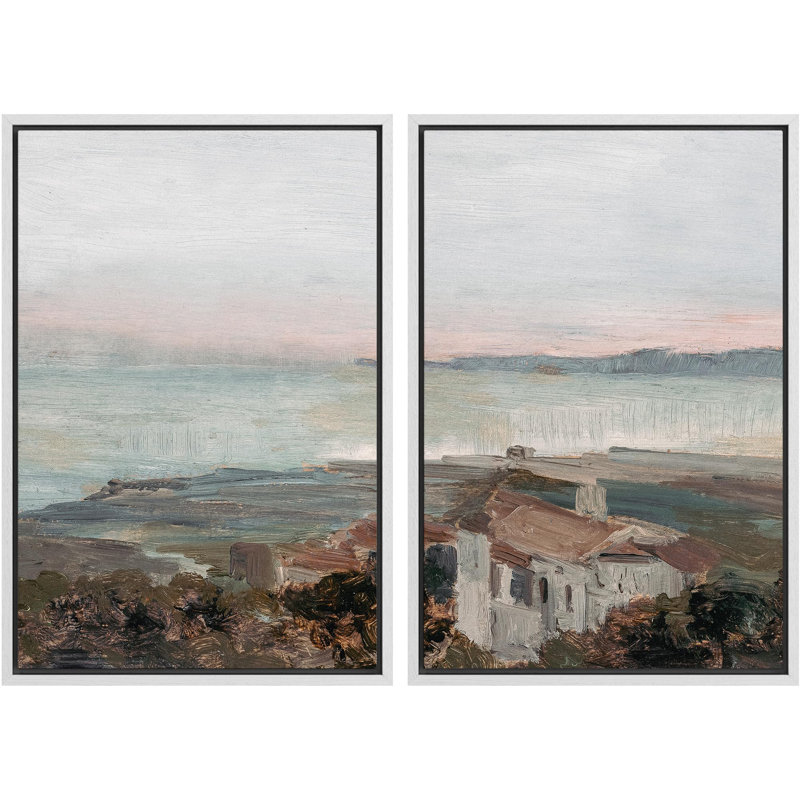 «Seaside Town At Sunset Tranquil Coastal Landscape Nature Wilderness Illustration Decor Scenic», 2 pièces sur toile