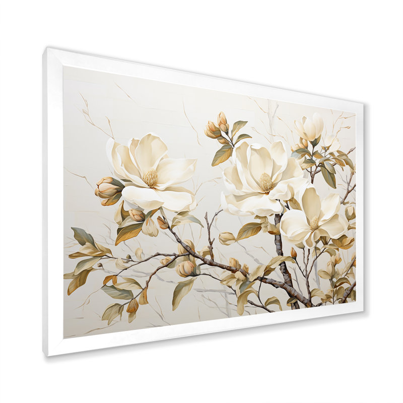«Elegant Beige Magnolias Tranquility - Magnolias», art mural sur toile, Cadre simple blanc, H 16 po x l 32 po x P 1 po