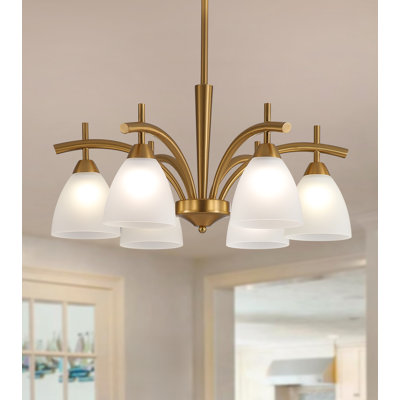 Modern 6-Light Antique Brass Chandelier with Frosted Glass Shades, Adjustable Hanging Height, UL Listed, E26 Base Ceiling Light for Dining Room, Kitchen Island, Living Room & Entryway