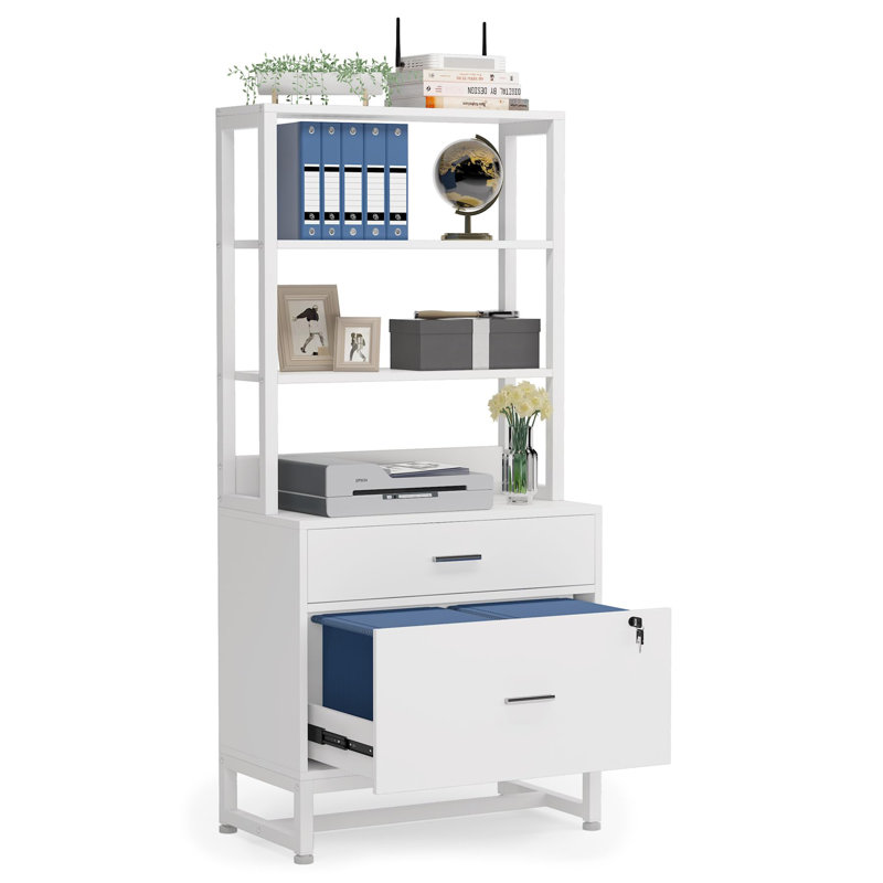 White Vertical 2 Drawer File Cabinet with Lock and Open Shelves