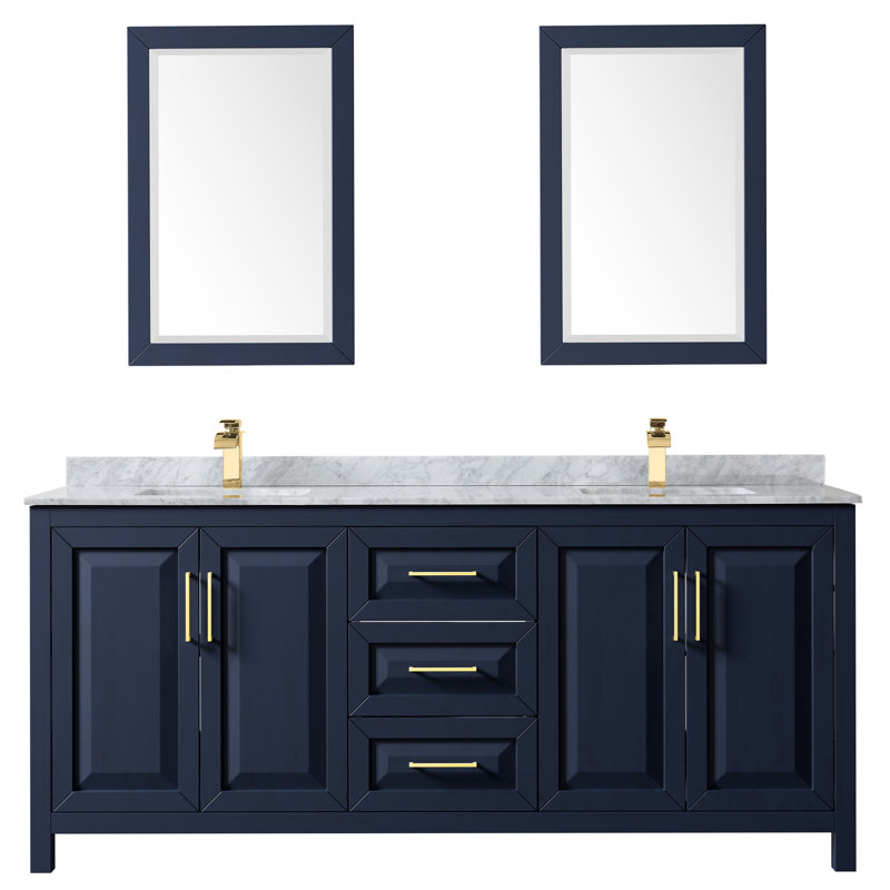 Daria 80'' W Double Vanity, Dark Blue, Carrara Cultured Marble, Brushed Gold