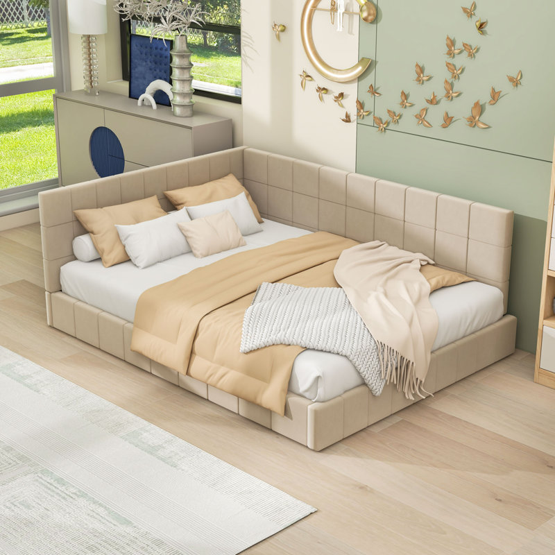 Lit de jour double rembourré en velours avec dossier unique, Beige