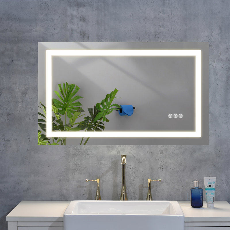 Miroir de salle de bain 32 po x 20 po à DEL avec façade et rétroéclairage, miroir de meuble-lavabo mural, anti-buée, mémoire, 3 couleurs, réglable en continu