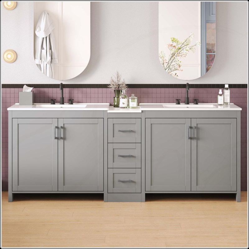 84 Inch Double-Sink Bathroom Vanity with Countertop, Adjustable Shelves, and Soft Close Hinges, Grey
