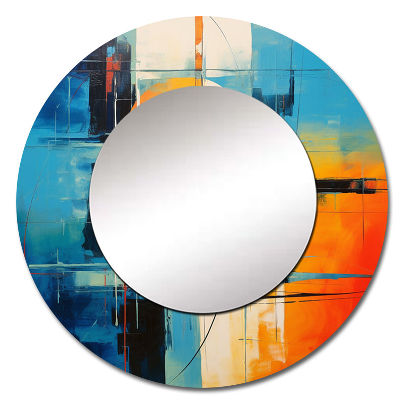 Bleu orange, Mid Century Abstract Reflections I - miroir décoratif moderne Mid-Century, grand miroir mural rond bleu, impression sur métal