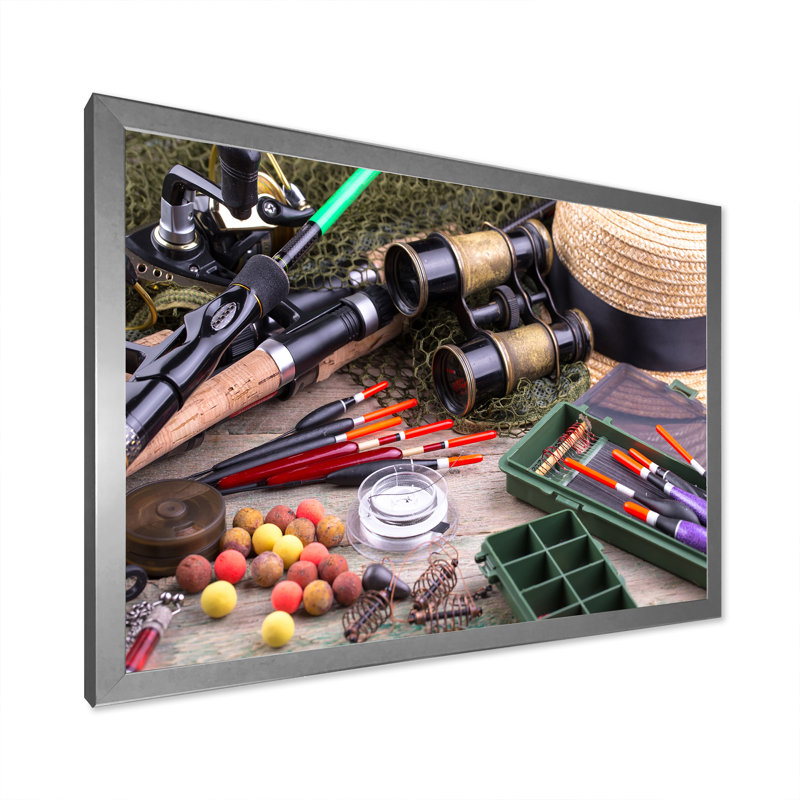 " Fishing Supplies Layout ", 16" H x 32" W x 1" D, Silver Single Picture Framed