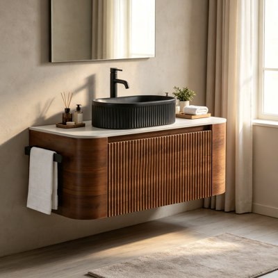 Meuble-lavabo mural avec porte-serviettes offert, lavabo ovale simple en céramique à rayures, préassemblé pour salles de bains modernes