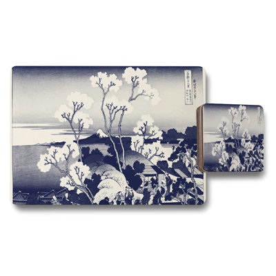 Blue And White Japanese Landscape Placemat And Coaster Set