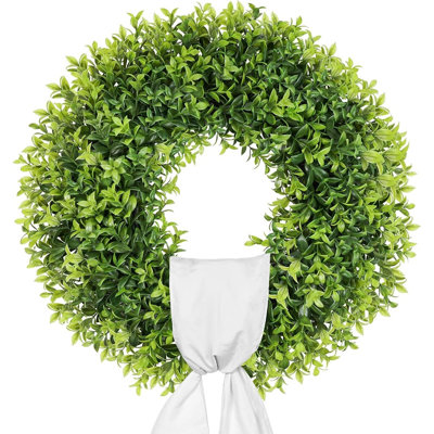 Artificial Boxwood Wreath For Front Door – Summer Door Wreath With Sash, Spring Green Weatherproof Farmhouse Decor For Indoor & Outdoor Use