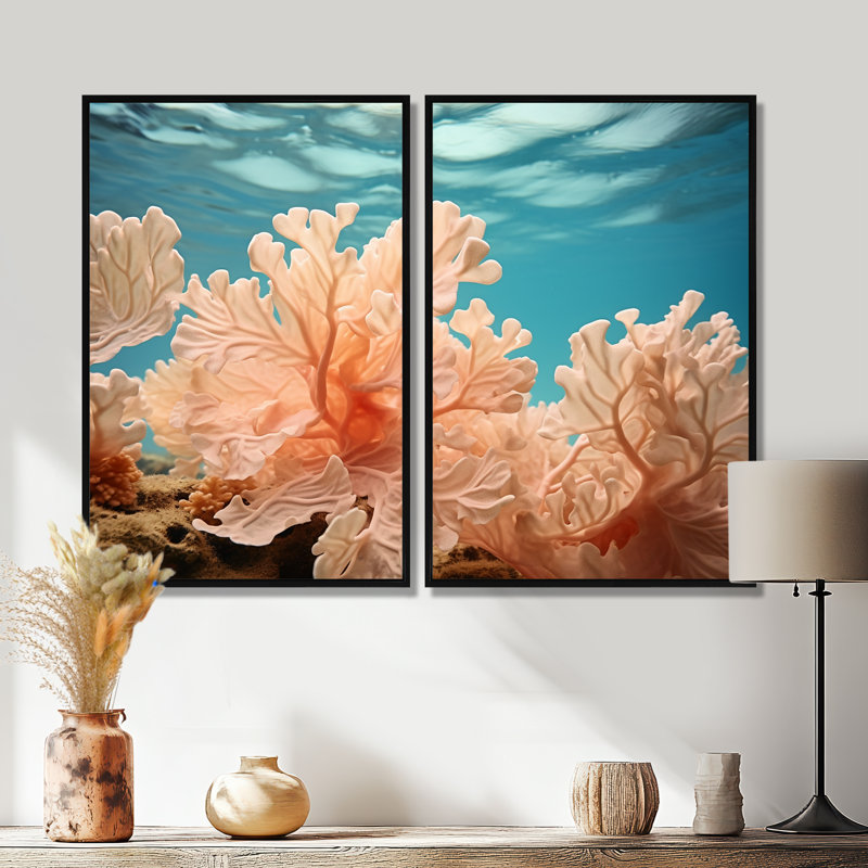 «Peach Coral Expression» - art mural grand corail sous l'eau, 36" H x 48" W, Framed Print without Mat, Black