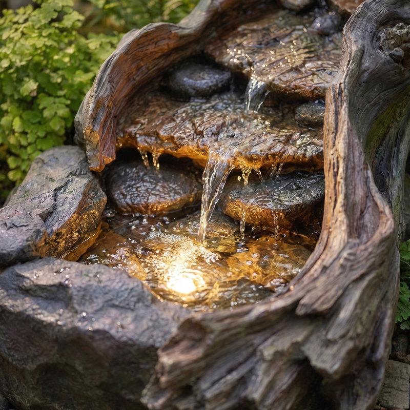 Natural Tree Trunk Outdoor Fountain with LED Lights & 15W ETL Pump