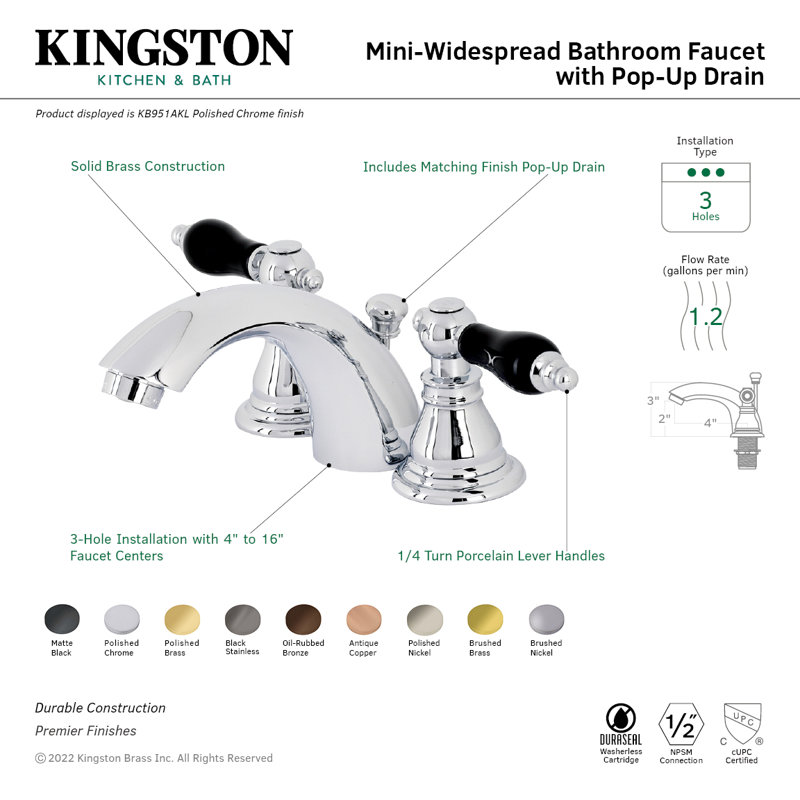 Kingston Brass Duchess Two-Handle 3-Hole Deck Mount Mini-Widespread Bathroom Faucet with Plastic Pop-Up, Black Stainless