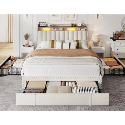 Upholstered Storage Bed Frame with 3 Drawers and 2-Tier Shelf Headboard,No-Noise
