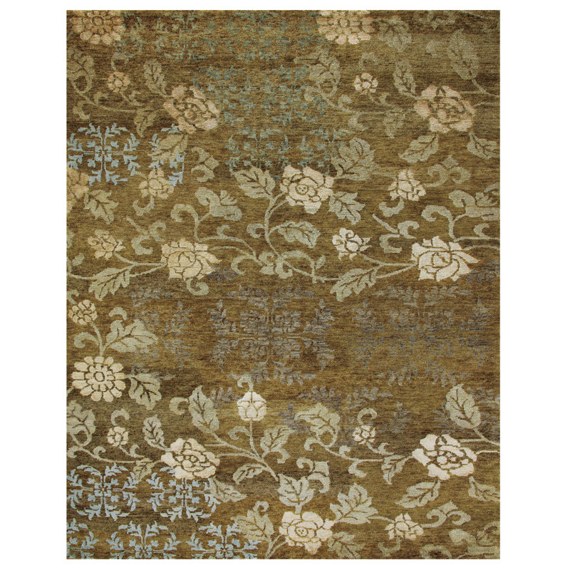 Tapis oriental noué à la main Timeo brun doré / vert sauge 7 pi 9 po x 9 pi 9 po, Rectangle 5 pi 6 po x 8 pi 6 po