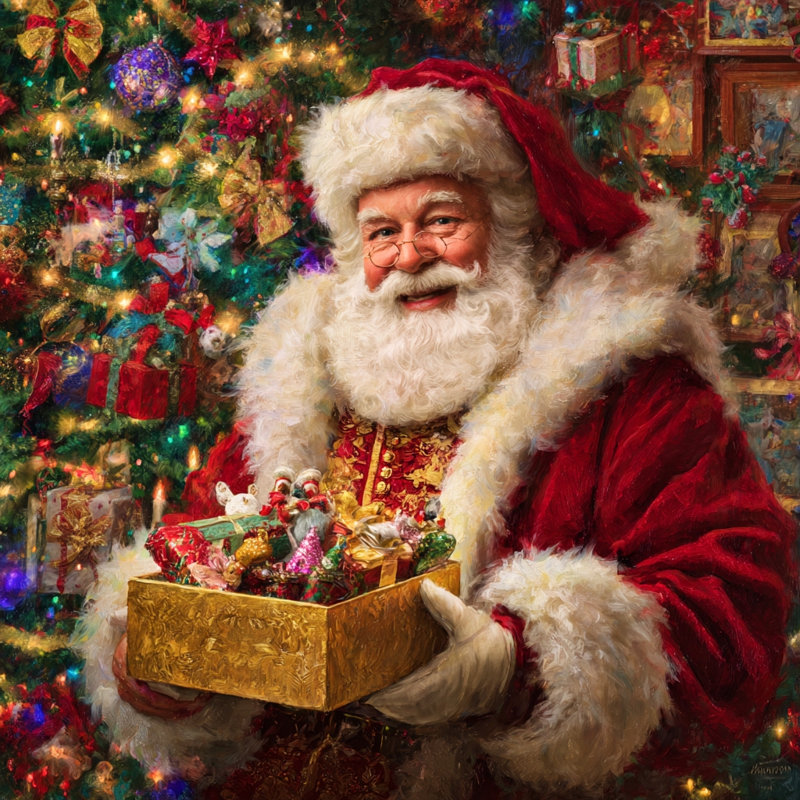 «Santa with Festive Gift Treasures», art mural sur toile tendue, H 30 po x l 30 po