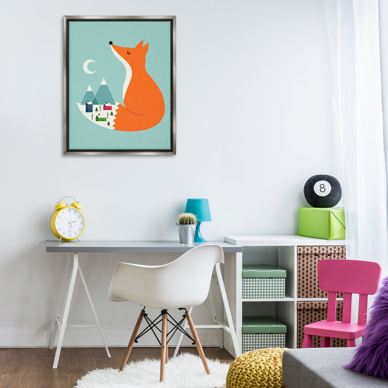Art mural encadré, "Fox & Snowy Village", par Andy Westface, H 31 po x l 25 po, Cadre flottant gris lustré
