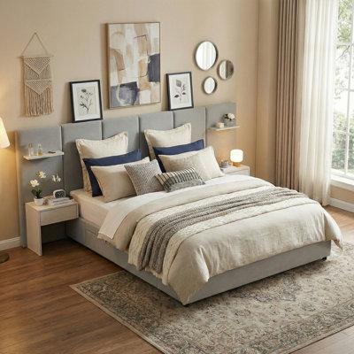King Velvet Upholstered Platform Bed Frame with 2 Attached Nightstands & 2 Extra Large Drawers & Floating Shelves, No Box Spring Needed, Gray