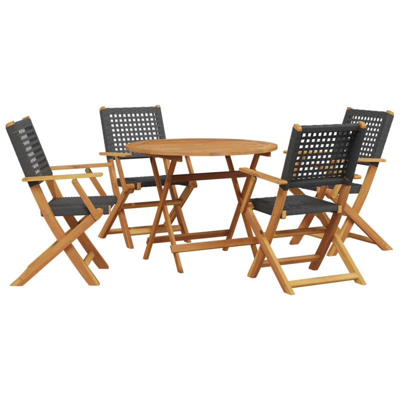 5 Piece Garden Dining Set Poly Rattan And Solid Wood, Black