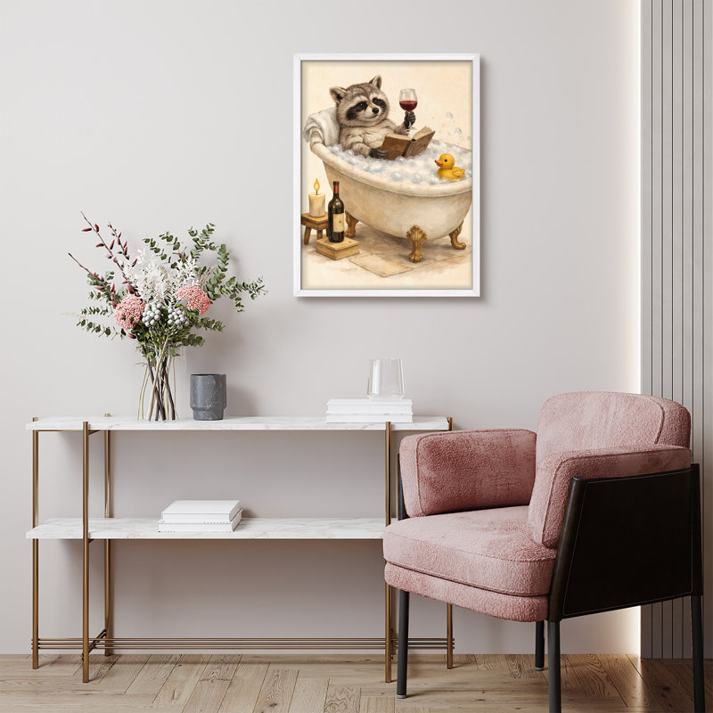 Relaxing Raccoon Bath Framed Wall Art Prints - Cute raccoon reading with wine, for bathroom, H 10 po x l 8 po, Blanc