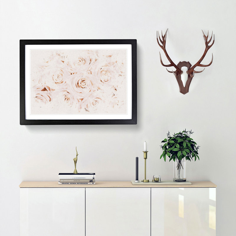 Wall Of Pink Roses Watercolour - Picture Frame Graphic Art, Black, 33cm H x 45cm W x 2cm D