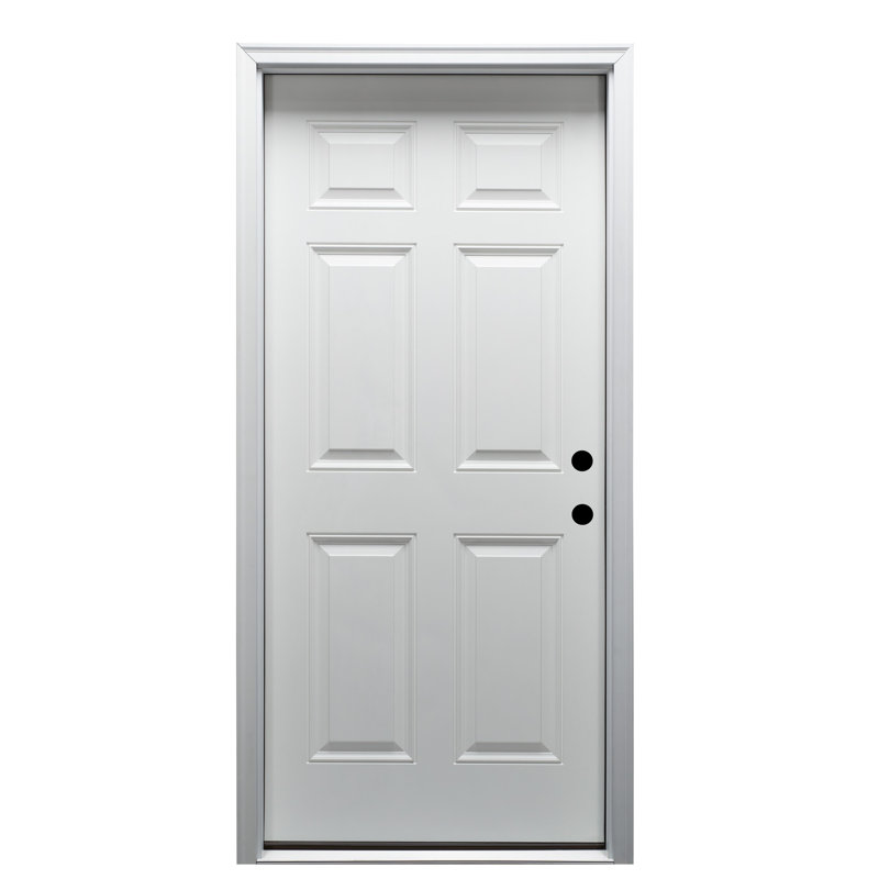 Porte avant pré-montée lisse en fibre de verre apprêtée à 6 panneaux de 34 po x 80 po à droite sur cadre 4-9 / 16 po avec charnières en nickel