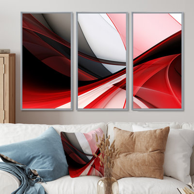 Future Tide Minimal Red Black - Abstract Modern Waves Wall Art Set