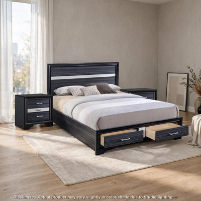 Ensemble de chambre à coucher pour très grand lit 3 pièces, rangement noir et argent, 2 tables de chevet