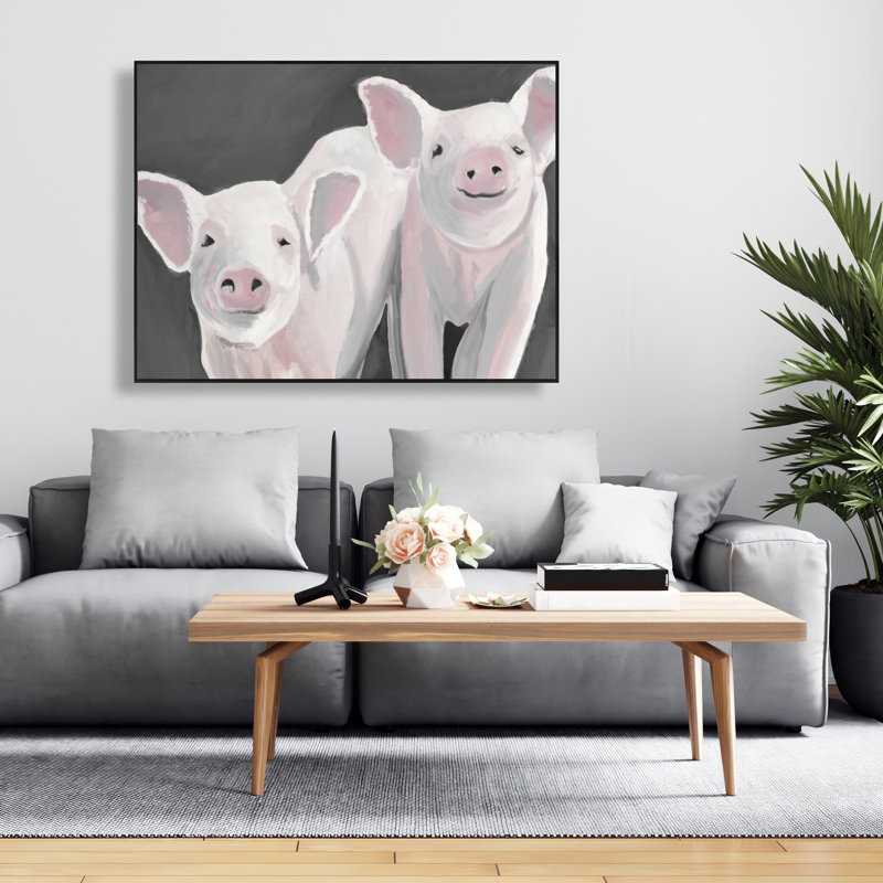 Deux petits porcelets - Toile encadrée grise pour la décoration intérieure