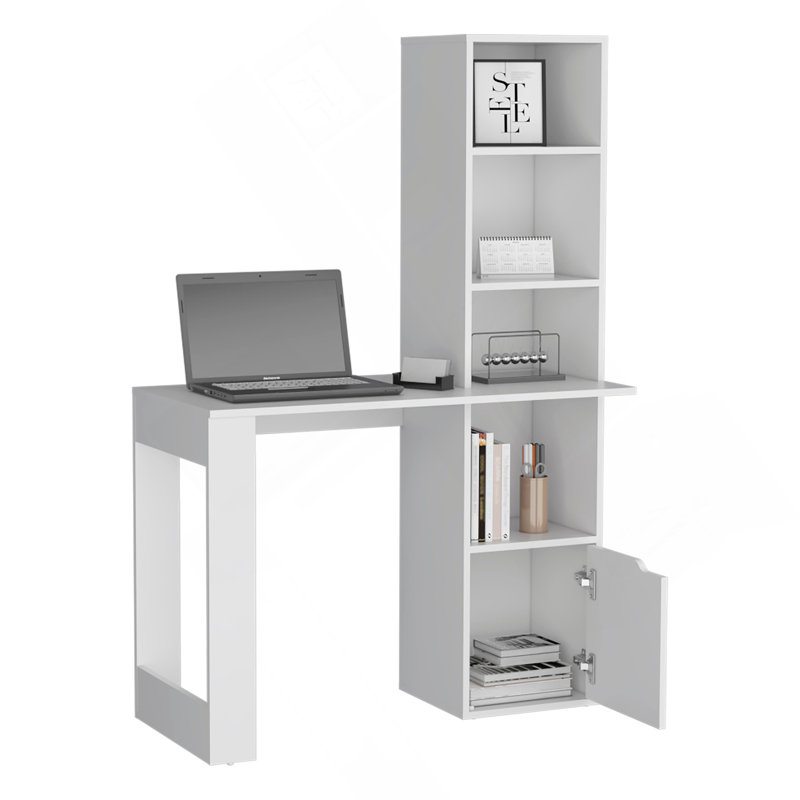 Bureau d'ordinateur Iowa avec 1 armoire et bibliothèque à 4 niveaux, Blanc
