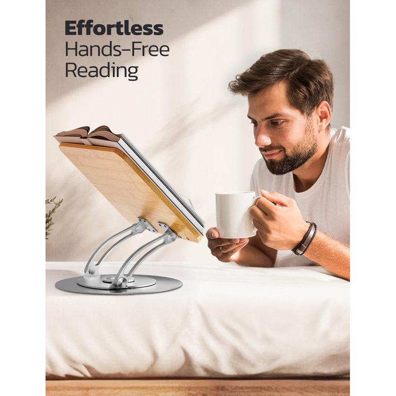 Bamboo 360 Rotating Book Stand For Reading, Adjustable Textbook Holder For Reading, Foldable Desktop Cookbook Stand With Protective Page Clips, Fits All Books - Silver