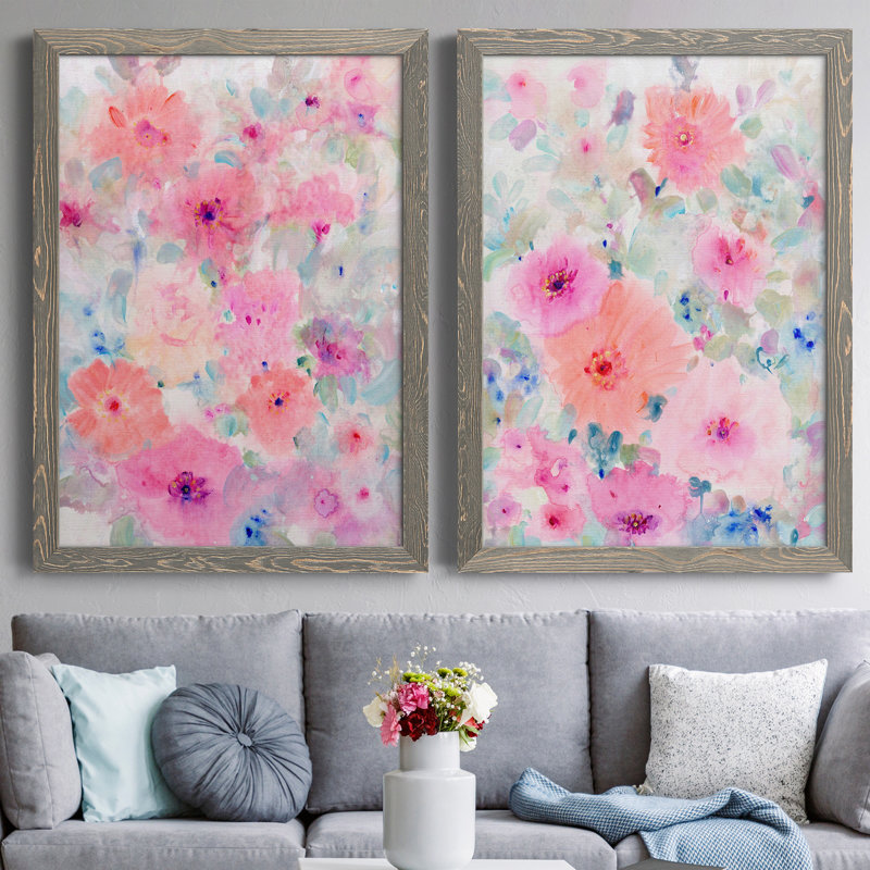 «Bright Floral Design I», ensemble de 2 peintures sur toile encadrées, Toile avec cadre gris, H 31,5 po x l 47 po x P 1,5 po
